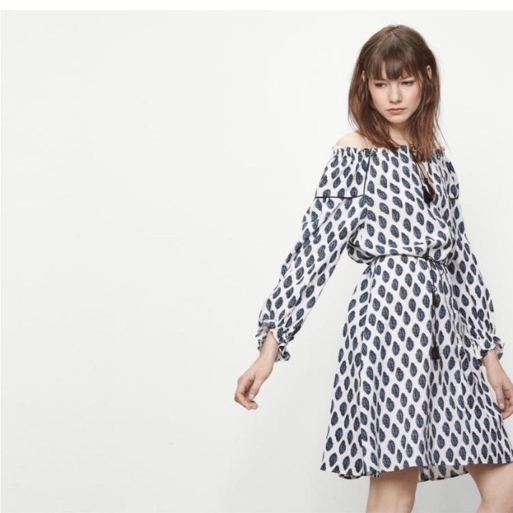 MAJE WHITE BLUE PRINT BOHO OFF THE SHOULDER DRESS L